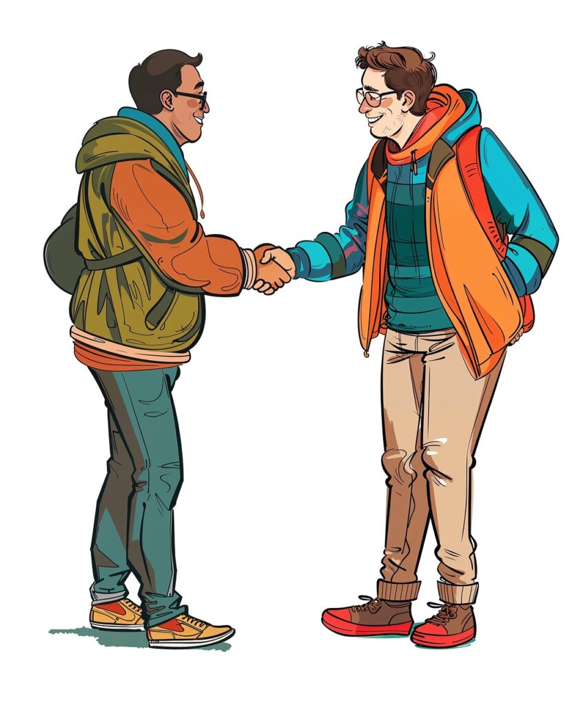 shaking-hands-mutual-support two men in outdoorsy dress shaking hands and smiling